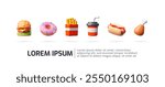 Vector 3d illustration of banner with fast food icons on isolated background with place for text. Chicken drumstick barbecue, burger, french fries, donut, sausage roll and soda. Junk food. Rendering.