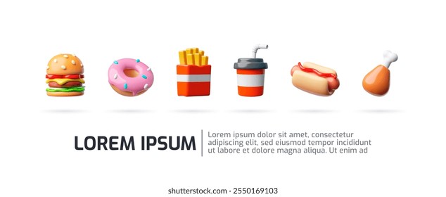 Ilustração em 3d vetorial do banner com ícones de fast food em plano de fundo isolado com lugar para texto. Churrasco de baqueta de frango, hambúrguer, batatas fritas, rosquinha, rolo de salsicha e refrigerante. Comida de lixo. Renderização.