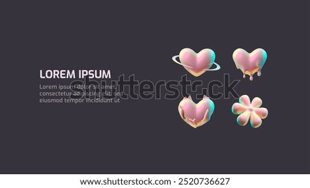 Vector 3D illustration of a banner with futuristic liquid elements in Y2K style. Pink shiny chrome hearts of different shapes on a dark background. Ideal layout for placing text.