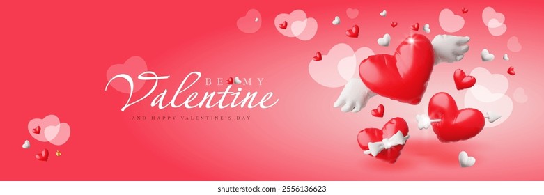 Vector 3d illustration of a banner with hearts, inflatables and bokeh on a red background. Valentine's Day. Floating hearts with wings and an arrow. Place for text. Congratulatory horizontal poster.