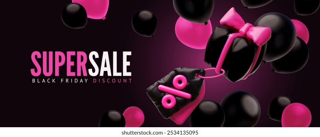 Vector 3D illustration of a banner with an image of an inflated form in the form of a gift box and a label with a percent sign for Black Friday. Advertising super discounts. Space for text.