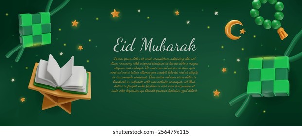 Vector 3D illustration of banner with Quran on stand, prayer beads, ketupat, moon and stars on green background. Islamic holy month Ramadan holiday. Advertising poster with space for text.