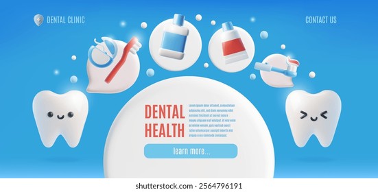 Vector 3d illustration of banner with teeth and teeth cleaning tools. Dental clinic. Cute characters with speech bubbles. Oral hygiene and cleanliness. Website web page. Space for text.