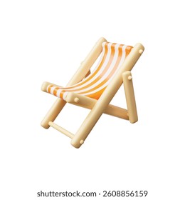 Vector 3d illustration of beach chair, wooden with striped fabric. Coastal lounge chair for sunbathing. Summer travel time. Cartoon style. Isolated background. Icon. Rendering.