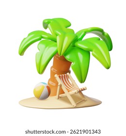 Vector 3D illustration with beach island with sand, palm tree, sun lounger and ball. Summer vacation, tourism, leisure. For tourism beach projects. Cartoon style. Isolated background.
