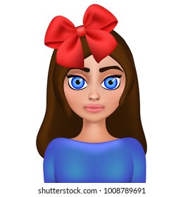 Vector 3d illustration of beautiful little girl with big blue eyes. Red bow in her hair. Cute girl portrait.