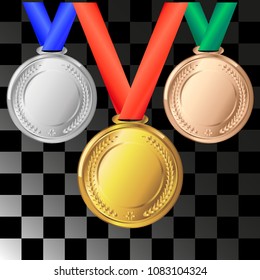 Vector 3D illustration. Blank gold medals, silver and bronze medals awarded as prize winner, realistic, red, blue and green ribbons.