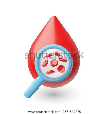 Vector 3d illustration of blood drop with magnifying glass and red blood cells. Blood donation, Anemia, hematology, DNA test, disease. Medicine. Logo. Cartoon style. Isolated background.