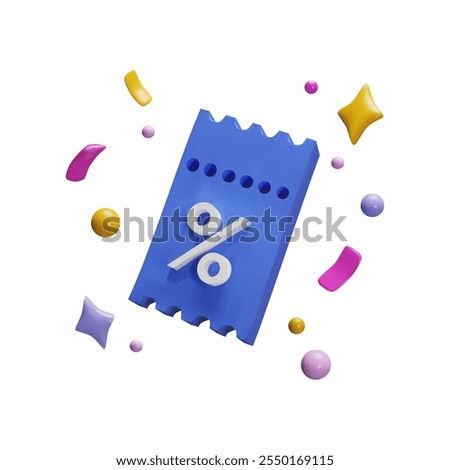 Vector 3d illustration with blue gift coupon image with percent sign and colorful confetti around. Gift voucher. Sale and discount. Cartoon style. Isolated background for design. Rendering.