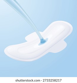 Vector 3D illustration of blue liquid pouring onto a sanitary pad with wings. Symbolizes rapid absorption, leak protection, and feminine hygiene care for menstrual comfort