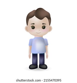 Vector 3d illustration, the boy with light skin and brown hair. Avatar, icon for the application. Kawaii smiling cartoon character. Suitable for children's products, books.