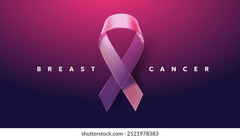 Vector 3d illustration of breast cancer pink realistic ribbon with loop. Symbol of breast cancer awareness. Template design of shine ribbon with word for awareness month campaign banner background