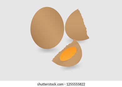 Vector 3D illustration brown realistic eggs with cracked  egg yolk with soft shadows on white background.