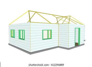 Vector 3d Illustration Building Under Construction, Workers And Construction Technical 3