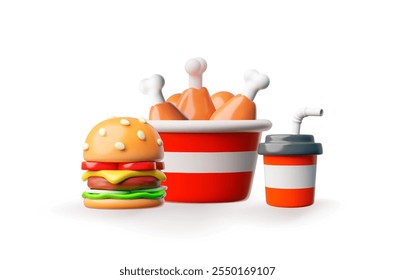 Vector 3D ilustración con hamburguesa, patas de pollo en cubo y vaso de refresco. Comida rápida. Comida chatarra. Estilo plástico de la historieta. Un bocadillo rápido. Iconos sobre fondo aislado. Representación.