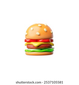 Vector 3D ilustración de hamburguesa con chuleta, queso y tomates y pan blanco con semillas de sésamo. Comida rápida. Comida chatarra. Concepto de comida rápida. Estilo de dibujos animados. Icono para el diseño.