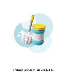 Vector 3D illustration of a can of detergent with a toilet brush on a blue circle background, with glitters. Advertising of cleaning, tidying and cleaning products. Isolated background.