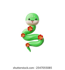 Vector 3d illustration of cartoon green snake decorated with red flowers. Cute childish character with double tongue sticking out. Symbol of Chinese New Year. Seamless background.