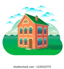 Vector 3d illustration of a cartoon red brick house with a green roof on a background of green grass and blue sky with clouds