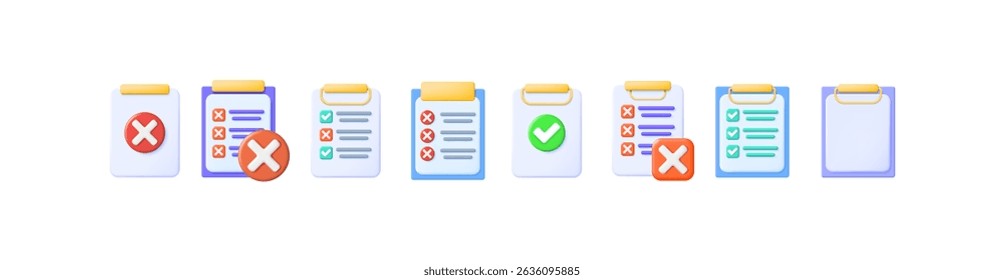 Vetor 3d ilustração desenho animado conjunto de checklist, formulários vazios, documento, pranchetas com marca de verificação para aprovação ou acordo