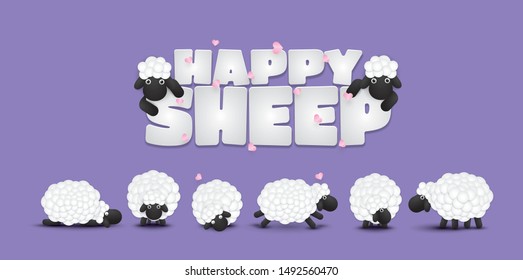 Vector 3d illustration character cute cartoon sheeps playing on purple background.