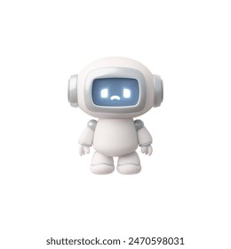 Vector 3D illustration of a chatbot with a sad expression, demonstrating the themes of artificial intelligence and neural networks. Robot in cartoon style on isolated background.