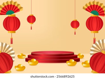 Vector 3D illustration of Chinese New Year theme It consists of a red Chinese lantern, a golden fan, and a golden Yuan Bao. Symbol of good luck and wealth with red pedestal.