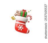 Vector 3d illustration of a Christmas sock with gifts inside. Red traditional sock with snowflake with gift box, lollipop and gingerbread. Cartoon plastic style. Isolated background.