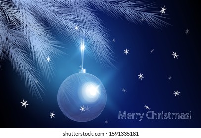 Vector 3D illustration, Christmas toy
 hanging on a Christmas tree, a deep blue background with stars and snowflakes. Symbol of Christmas, New Year, celebration of happiness and joy