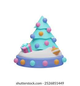 Vector 3D illustration of a Christmas tree on a stand with snow and gifts. Cute children's toy, in plasticine cartoon style. Merry Christmas and Happy New Year. Isolated background.