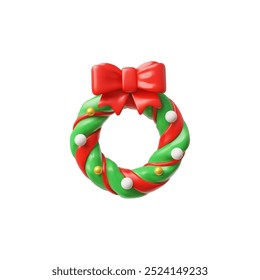 Vector 3d illustration of a Christmas wreath in a plastic cartoon style. Green wreath decorated with red ribbon with a bow on an isolated white background. Happy New Year and Merry Christmas.