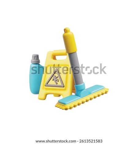 Vector 3D illustration of cleaning equipment, mop, bottle of detergent and wet floor warning sign. Cleaning services concept. Cartoon style. Isolated background. Icon.