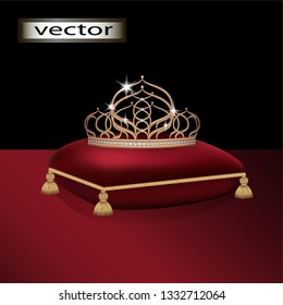 Vector 3D illustration of a clipart crown, a gold diadem with diamonds on a red velvet cushion with gold tassels and a border of a twisted cord
