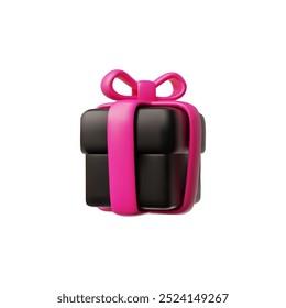 Vector 3d illustration of closed black gift box isolated on white background. Box with pink bow, perfect element for black friday design. Plastic cartoon style.