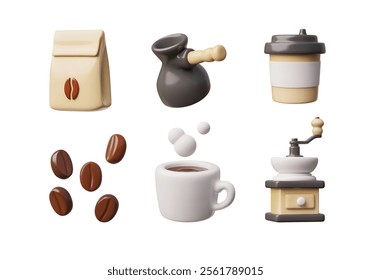 Vector 3d illustration of coffee icon set on isolated white background. Coffee grinder, coffee beans, paper bag, mug and Turk in cartoon style. Elements for buying and preparing a drink. Coffee shop.