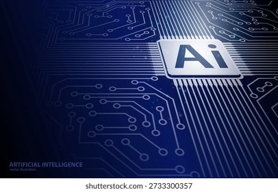 Vector 3D illustration concept, AI microprocessor on motherboard, evolution of electronics, engineering, technology development, artificial intelligence, databases, information accessibility, assessment, machine learning.