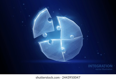 Vector 3D illustration concept, assembled puzzle pieces, on a slightly blue background, symbol of unification, integration, teamwork, goal achievement.