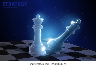 Vector 3D illustration concept, chess gambit, queen defeats king, symbol, strategy, tactics, teamwork, achieving goals, in business, or sports.