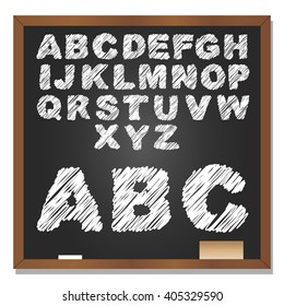 Vector 3D illustration of concept or conceptual set or collection of white grungy handwritten, sketch or scribble font, black school blackboard background for education, childhood, artistic, children