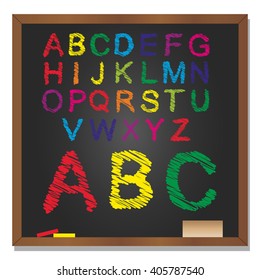 Vector 3D illustration of concept or conceptual set or collection of colorful handwritten, sketch or scribble font, black school blackboard background for education, childhood, artistic or children