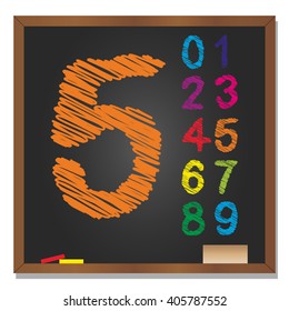 Vector 3D illustration of concept or conceptual set or collection of colorful handwritten, sketch or scribble font, black school blackboard background for education, childhood, artistic or children