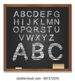 Vector 3D illustration of concept or conceptual set or collection of white grungy handwritten, sketch or scribble font, black school blackboard background for education, childhood, artistic, children