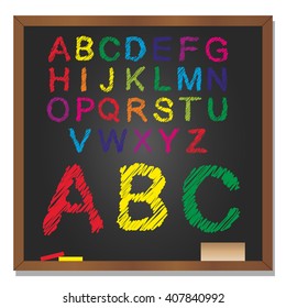 Vector 3D illustration of concept or conceptual set or collection of colorful handwritten, sketch or scribble font, black school blackboard background for education, childhood, artistic or children