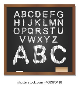 Vector 3D illustration of concept or conceptual set or collection of white grungy handwritten, sketch or scribble font, black school blackboard background for education, childhood, artistic, children