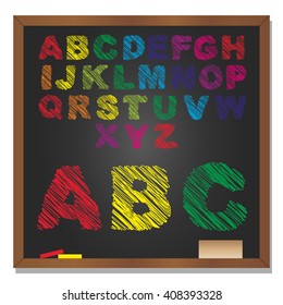 Vector 3D illustration of concept or conceptual set or collection of colorful handwritten, sketch or scribble font, black school blackboard background for education, childhood, artistic or children
