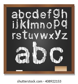 Vector 3D illustration of concept or conceptual set or collection of white grungy handwritten, sketch or scribble font, black school blackboard background