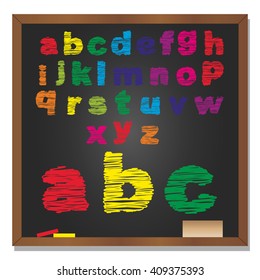 Vector 3D illustration of concept or conceptual set or collection of colorful handwritten, sketch or scribble font, black school blackboard background for education, childhood, artistic or children