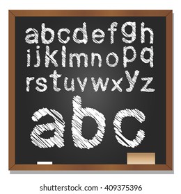 Vector 3D illustration of concept or conceptual set or collection of white grungy handwritten, sketch or scribble font, black school blackboard background for education, childhood, artistic, children