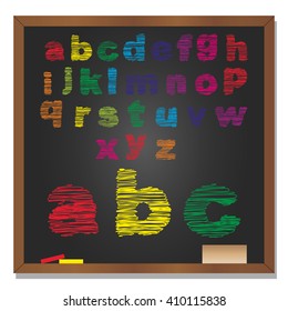 Vector 3D illustration of concept or conceptual set or collection of colorful handwritten, sketch or scribble font, black school blackboard background for education, childhood, artistic or children