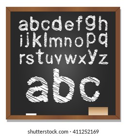 Vector 3D illustration of concept or conceptual set or collection of white grungy handwritten, sketch or scribble font, black school blackboard background for education, childhood, artistic, children